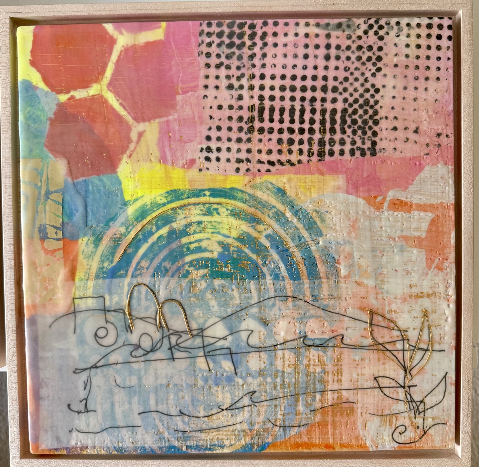 Framed pink and turquoise mixed-media work with gold details