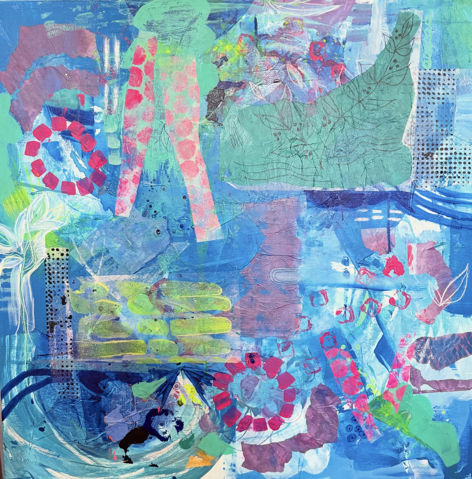Layered abstract painting with turquoise, blue, soft violet and bright pink marks
