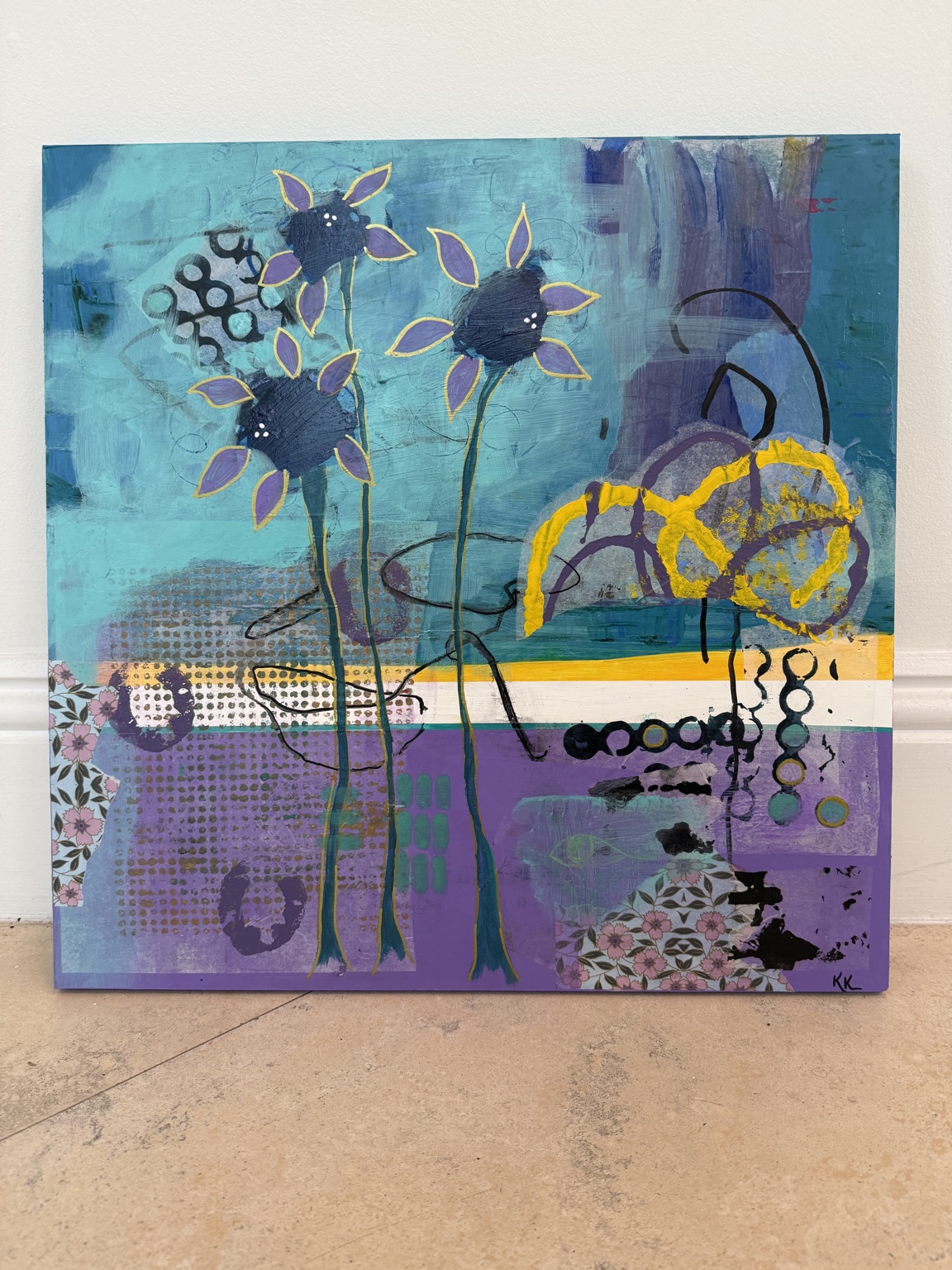 Turquoise and purple painting with gestural flowers
