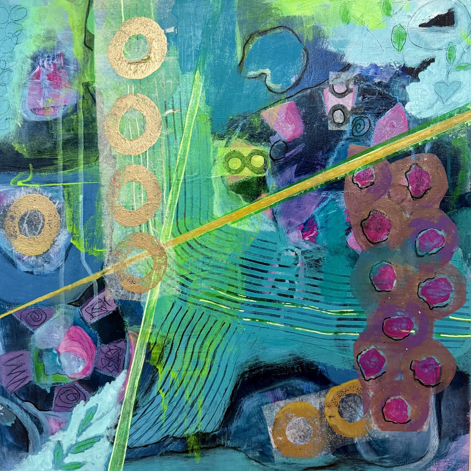 Turquoise and green abstract painting with gold circles and pink accents