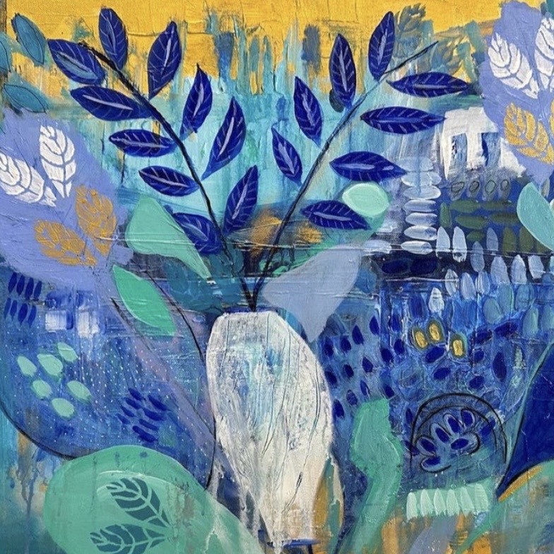 Blue botanical painting with turquoise leaves and a golden yellow upper edge