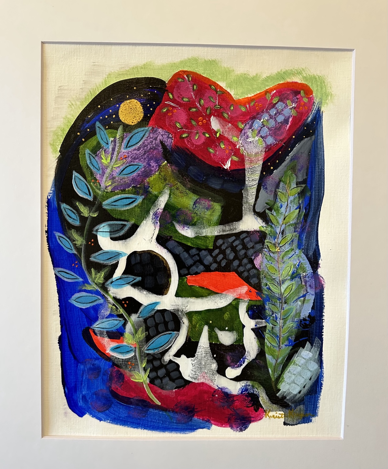 Framed botanical abstraction in cobalt, red, green and black