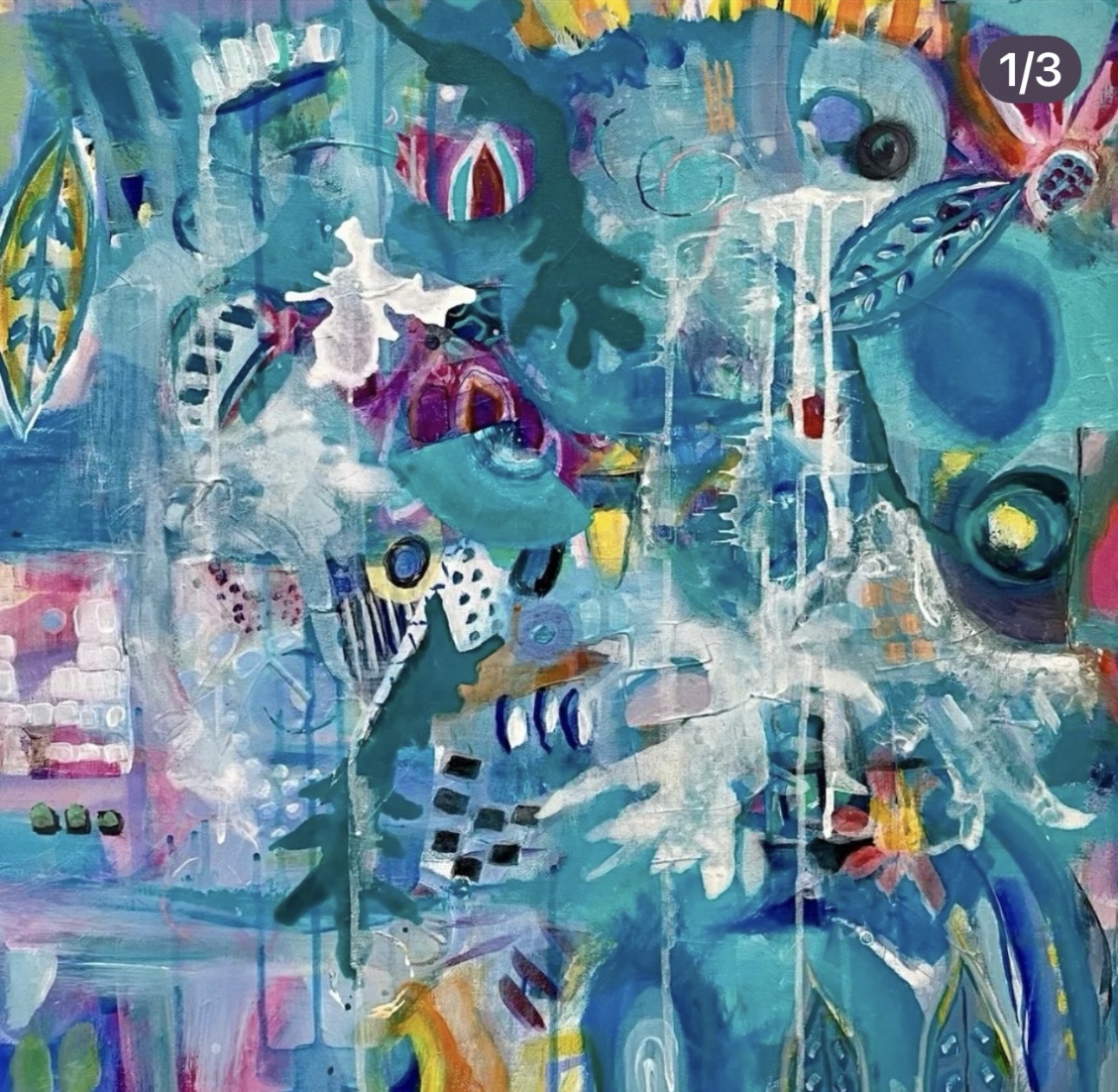 Turquoise mixed-media painting with layered white marks, botanical shapes and pink and yellow accents